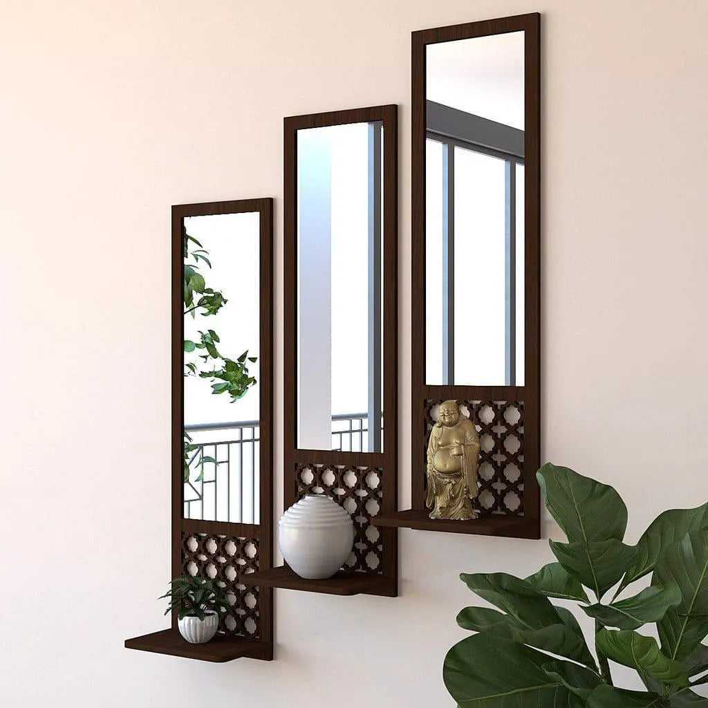 Set of 3 acrylic mirror wooden wall shelf for bedroom