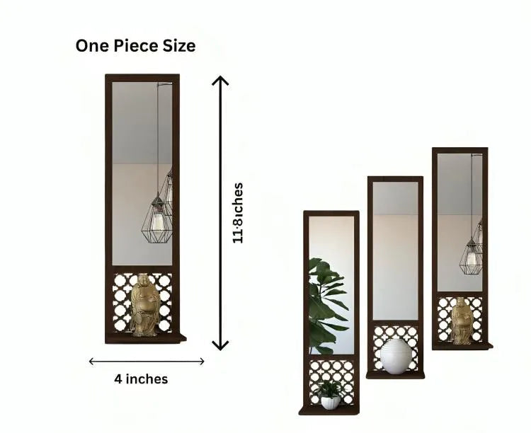 Set of 3 acrylic mirror wooden wall shelf for bedroom